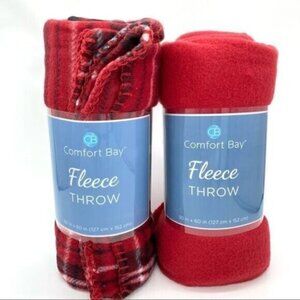 Comfort Bay Plaid and Solid Red Fleece Throw Blankets Pair (2) New Giftable